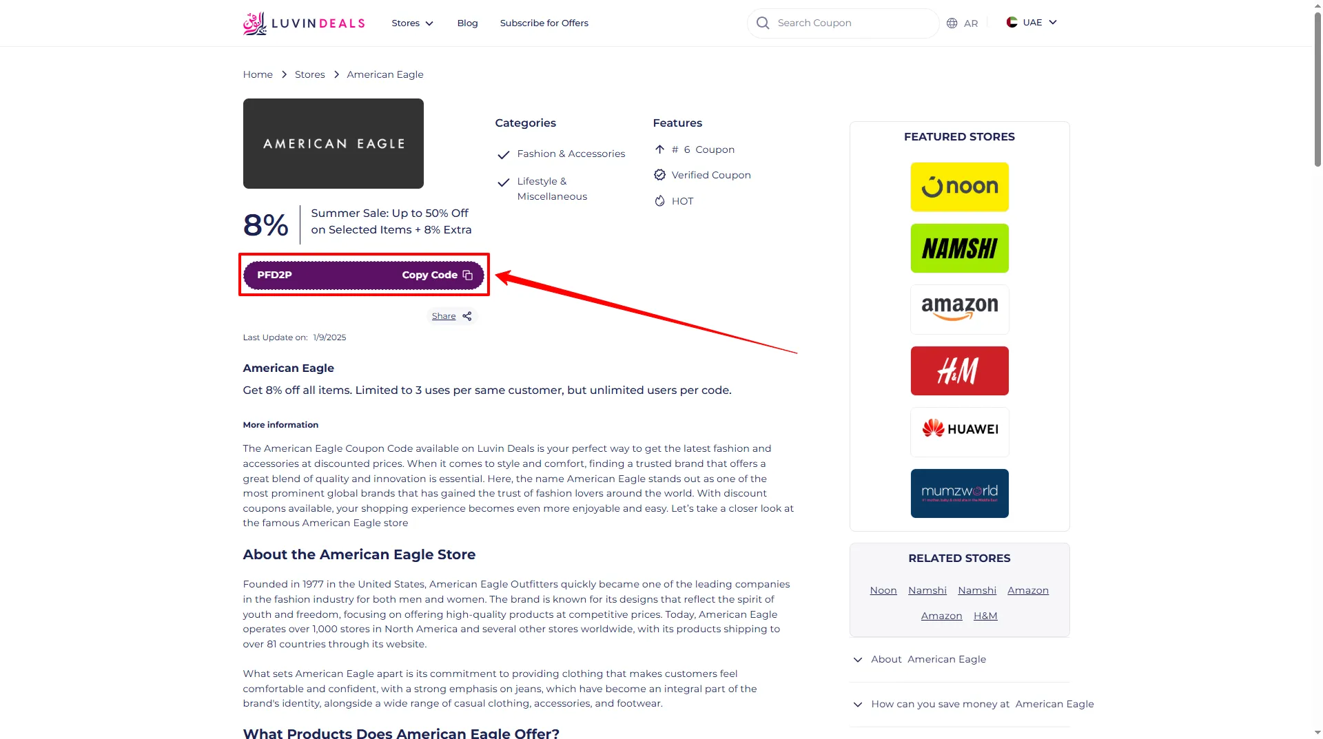 Copy your American Eagle coupon code from Luvin Deals