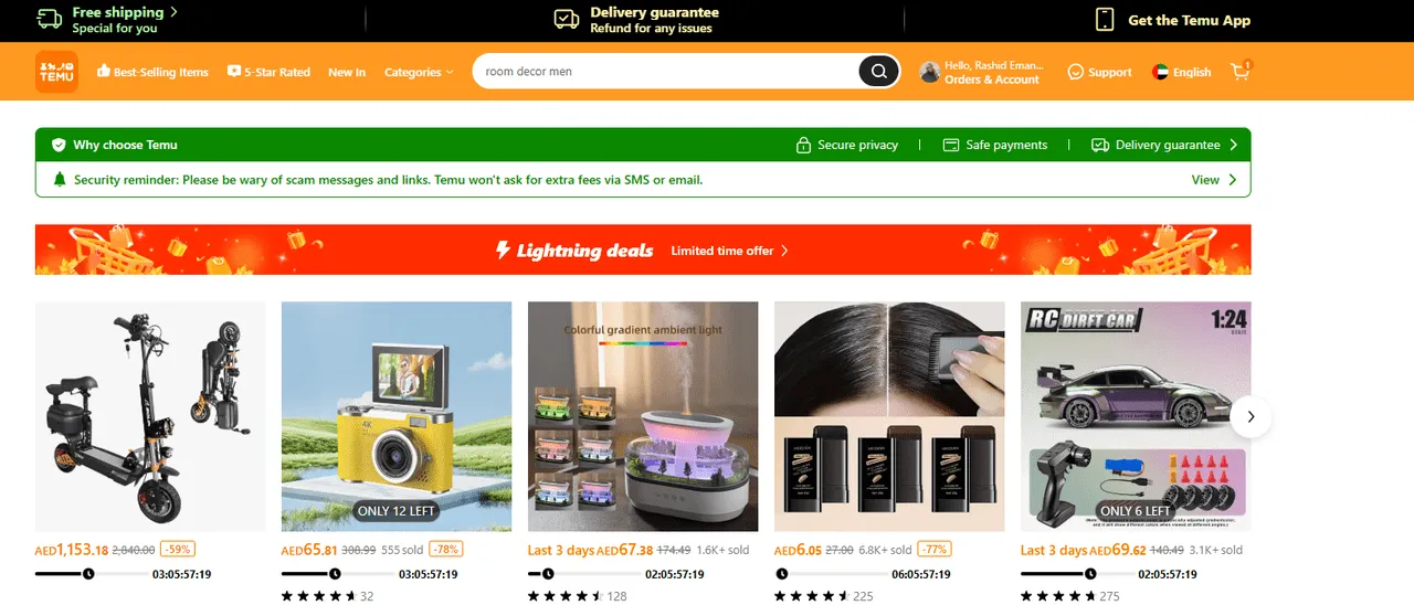 Log in to your Temu account either via the app or website