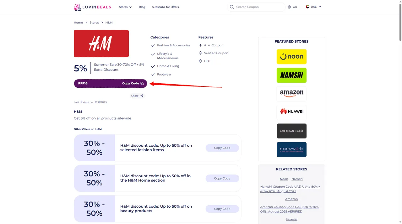 Go to Luvin Deals and copy a working H&M coupon code