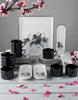 27 piece Porcelain Dinnerware Set, Set for 6, Microwave & Dishwasher Safe, Black Floral