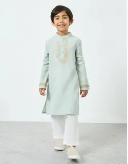 Boys Green Embroidered Kurta with Pants Set