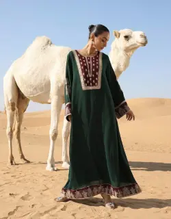 Dark Green Zari Embroidered Colourblock Abaya