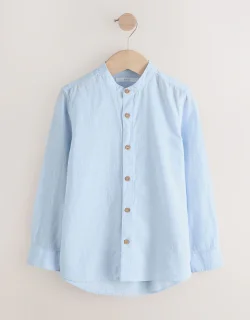 Pale Blue Grandad Collar Linen Mix Long Sleeve Shirt (3-16yrs)