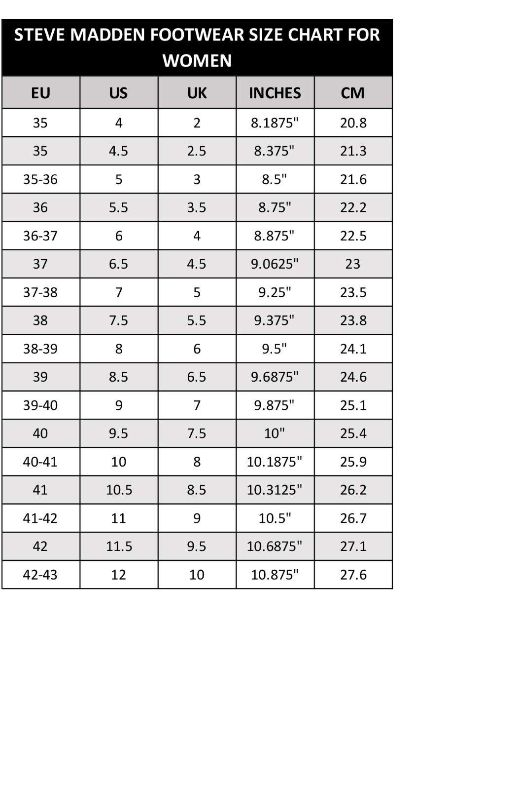 6th Street Size Guide for Women Shoes