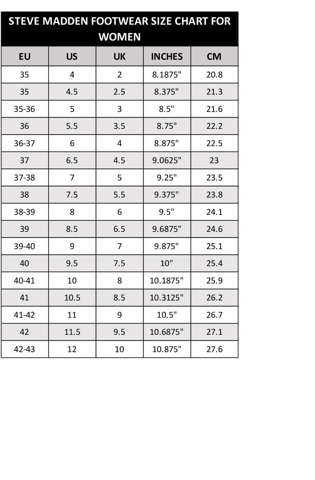 6th Street Size Guide for Women Shoes