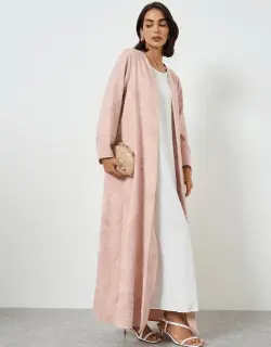  Amirah Light Pink Floral Print Front Open Abaya