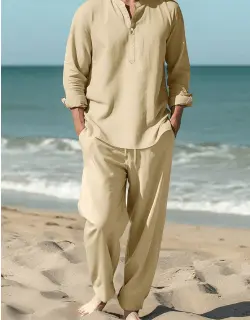 Men Beige Linen Shirt and Trousers Co-Ords