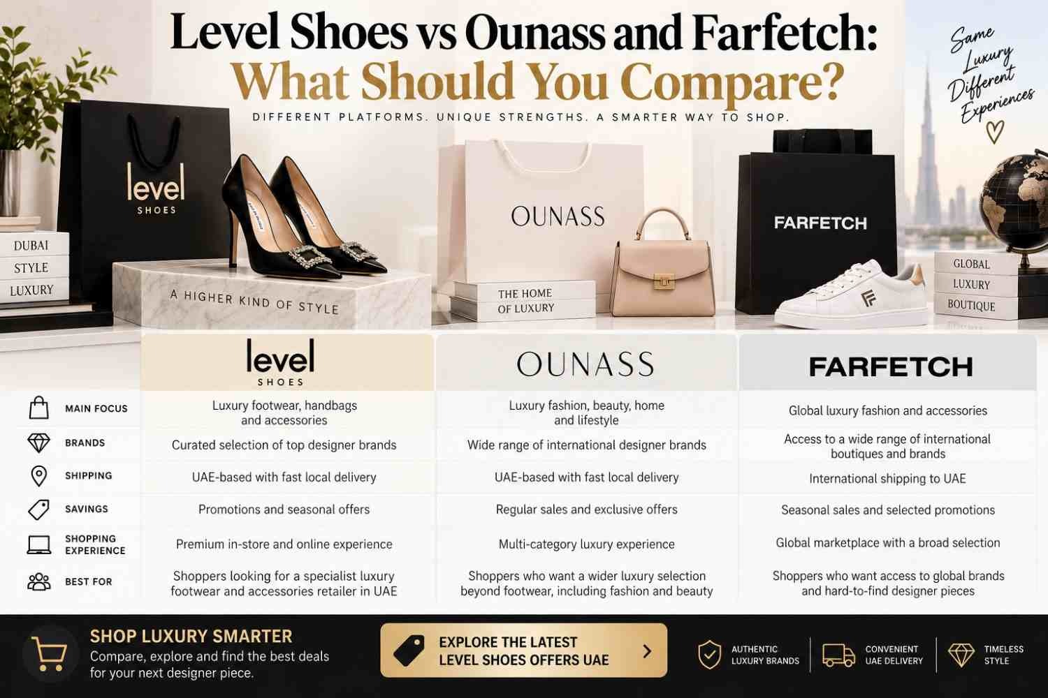 Level Shoes vs Ounass and Farfetch