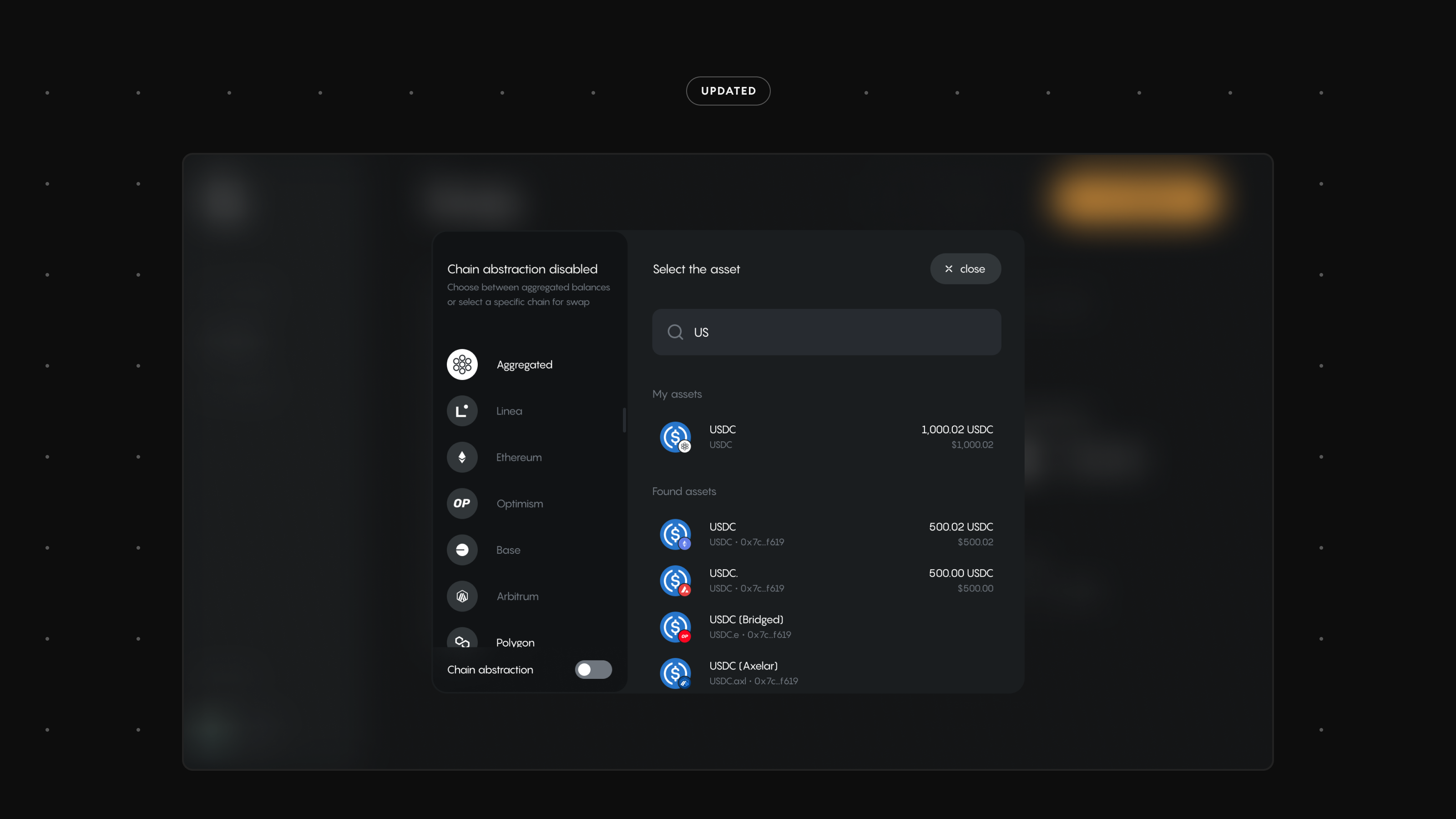 Image shows the OneApp interface open on the USDC asset page. Seen is the unified balance and how the token balance is split across chains.