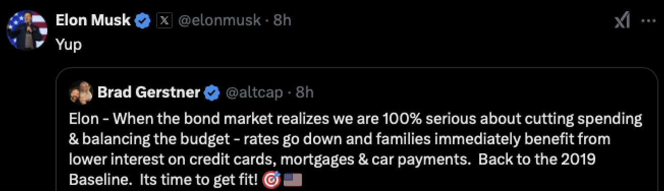 Elon Musk post confirming the intention to bring interest rates down