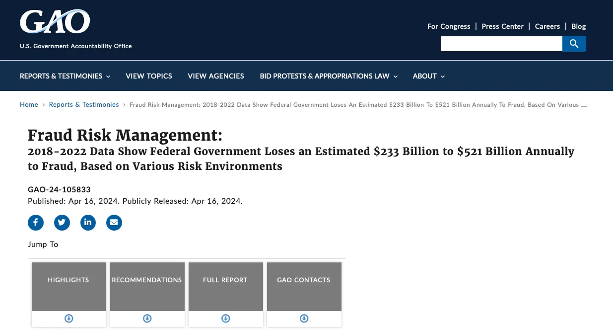 GAO estimate of annual federal fraud losses
