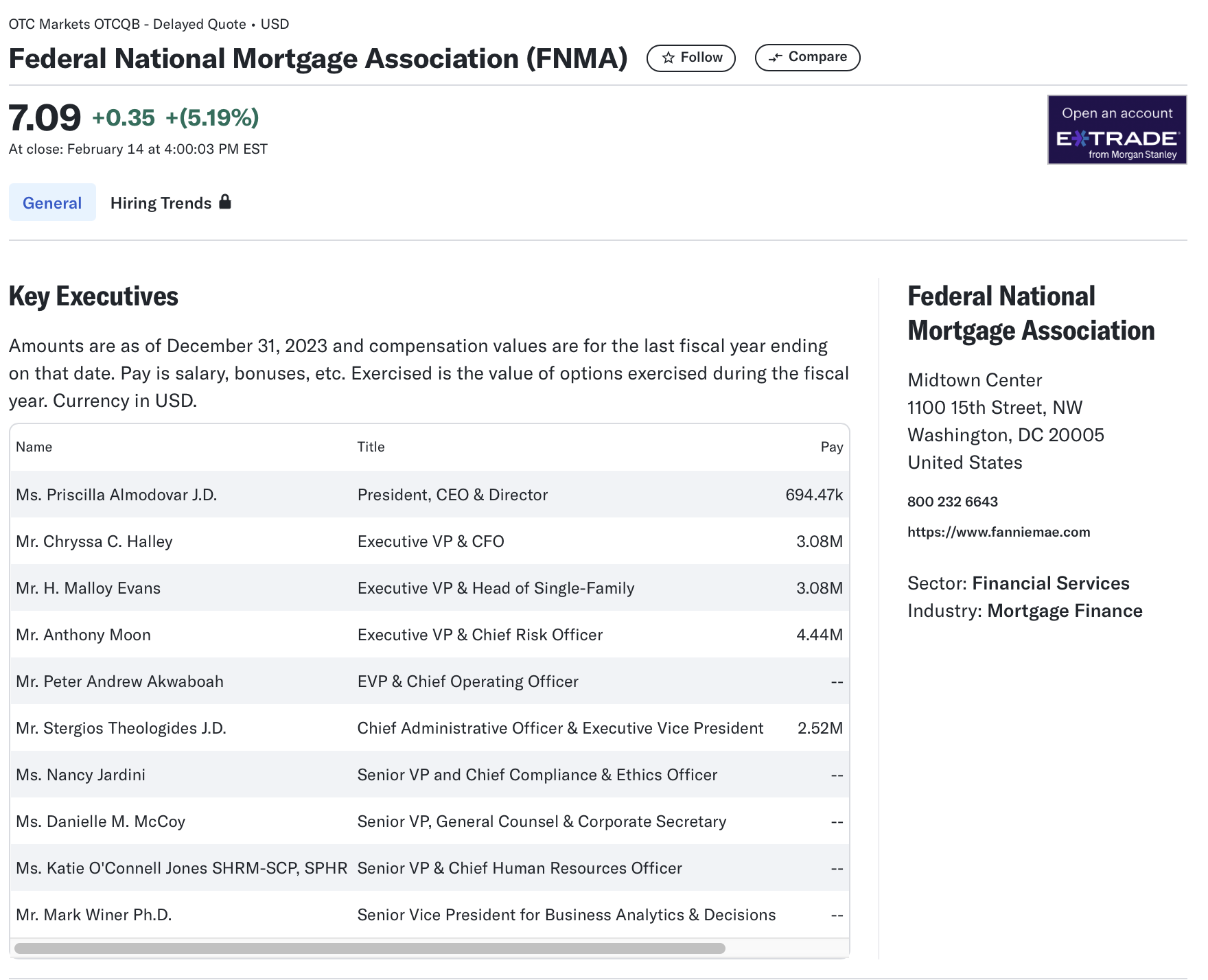 Fannie Mae executive compensation table