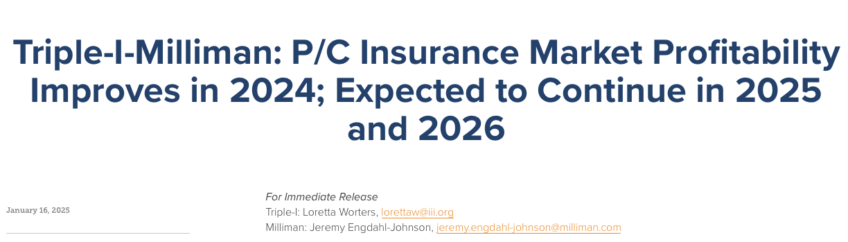Insurance industry press release headline touting improved profitability