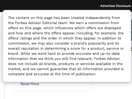 Advertiser disclosure notice on an insurance comparison site