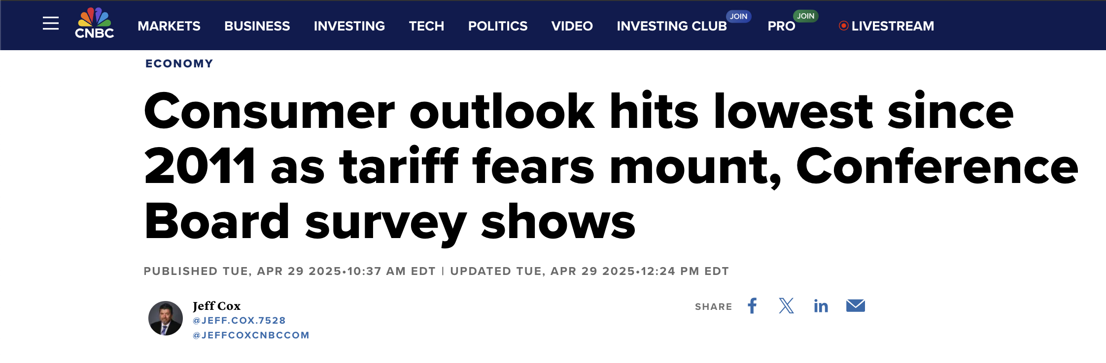 CNBC headline on falling consumer sentiment