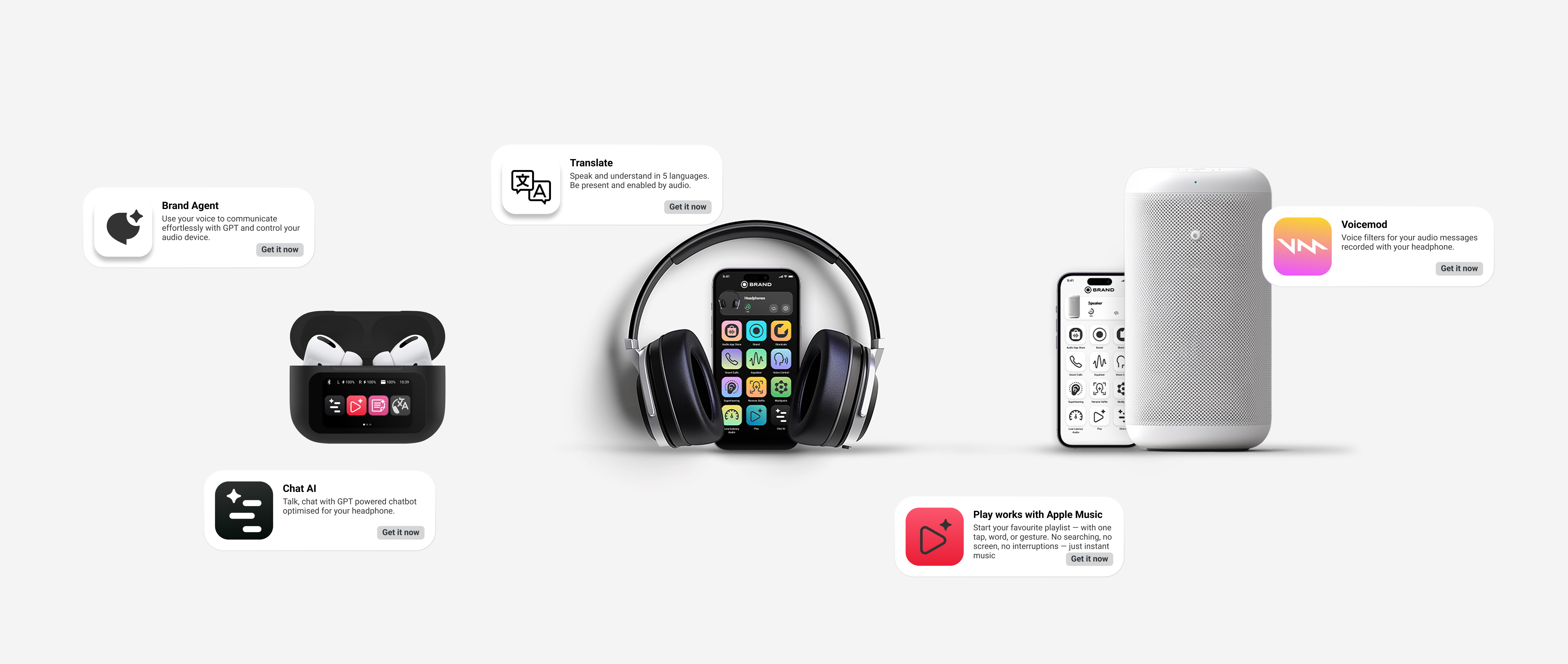 Bragi AI running on TWS earbuds, headphones, and a smart speaker, with Brand Agent, Chat AI, and Voicemod features visible