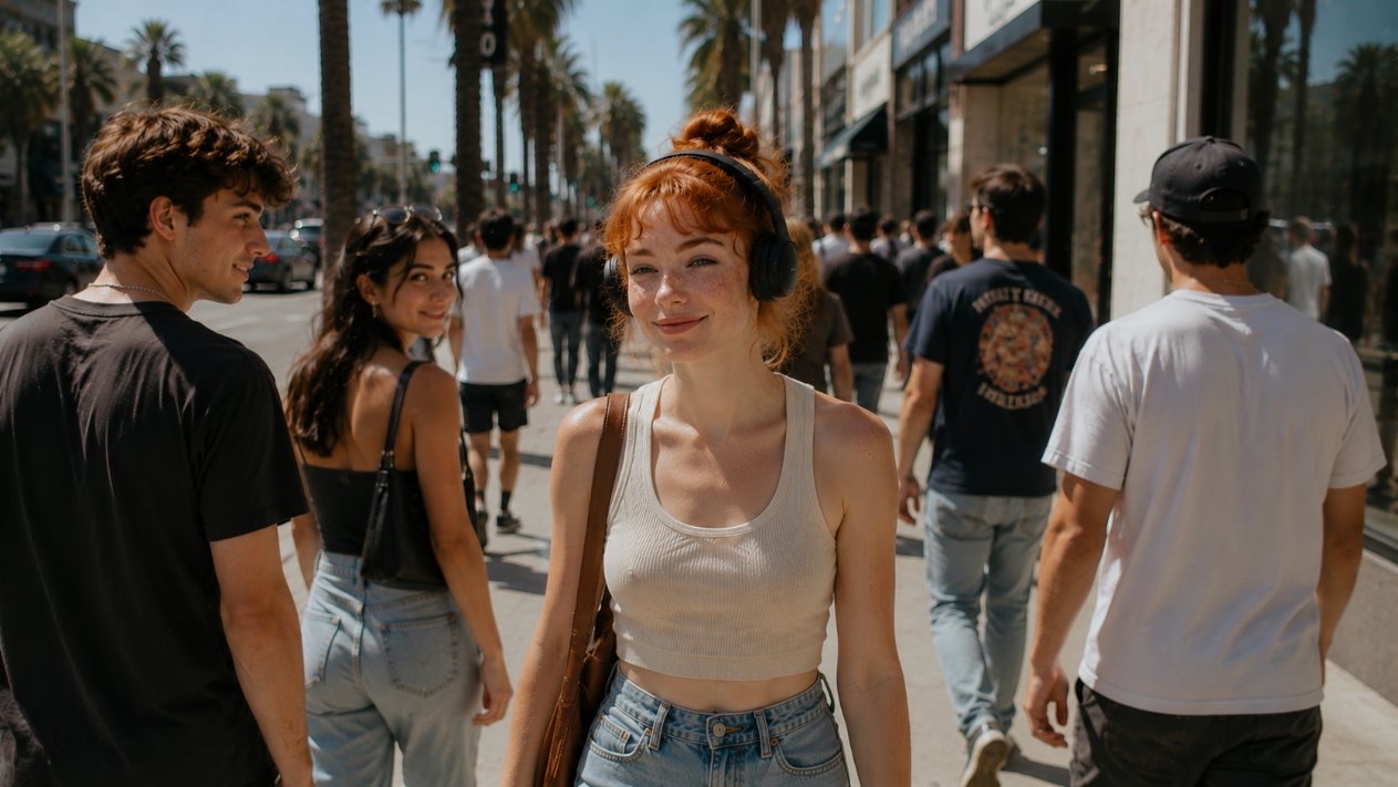 Person wearing headphones walking through a sunlit street