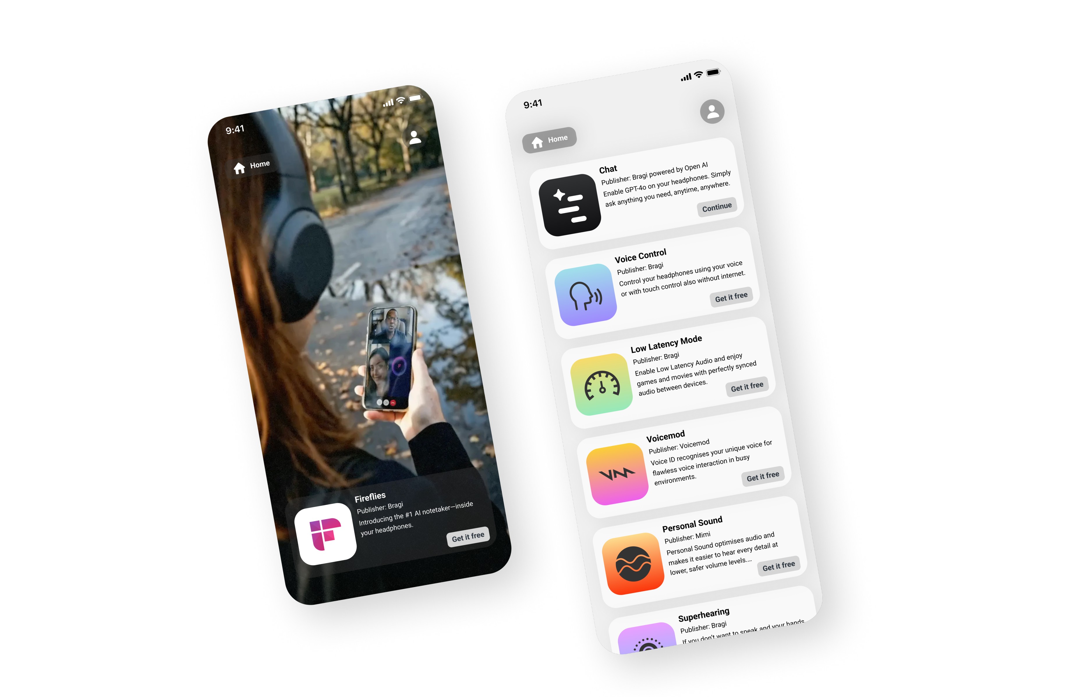 Audio App Space in the companion app — app store mockup showing discovery and installation of Audio Apps