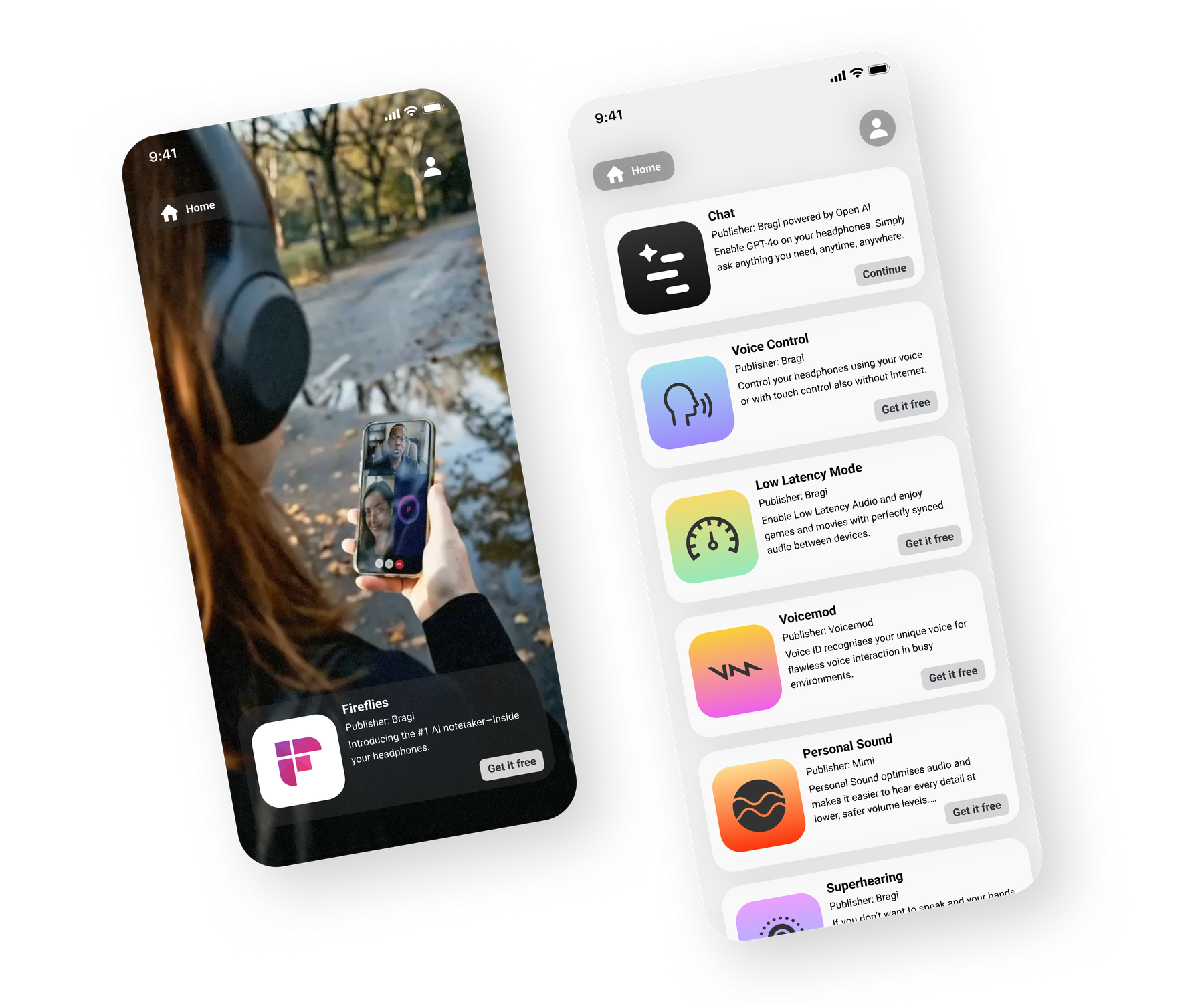 Audio App Space in the companion app — app store mockup showing discovery and installation of Audio Apps