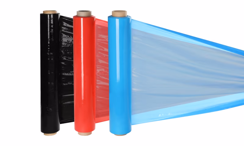 Rolls of stretch film in black, red, and blue