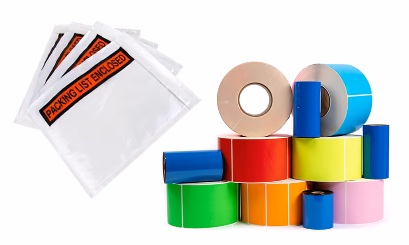 Shipping labels, colored tape rolls, and mailing tags