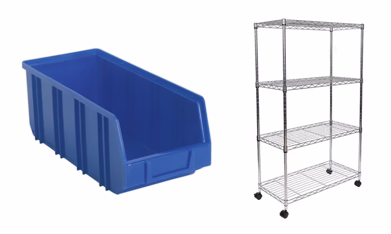 Blue storage bin and wire shelving cart