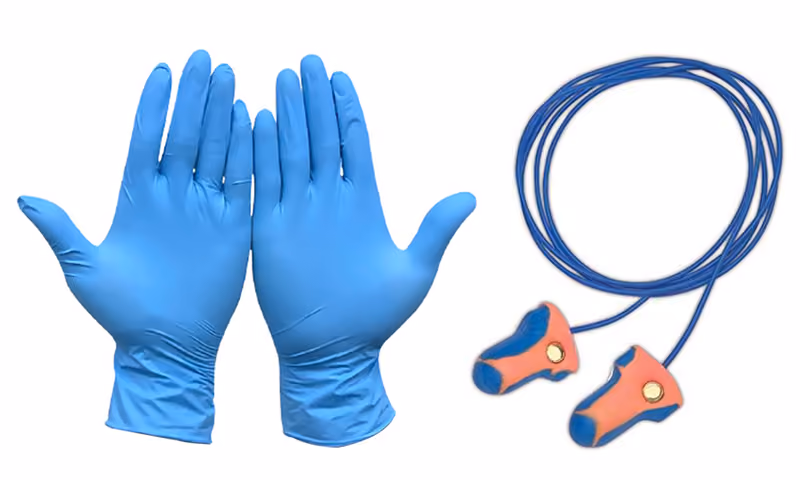 Blue nitrile gloves, safety earplugs, and safety supplies