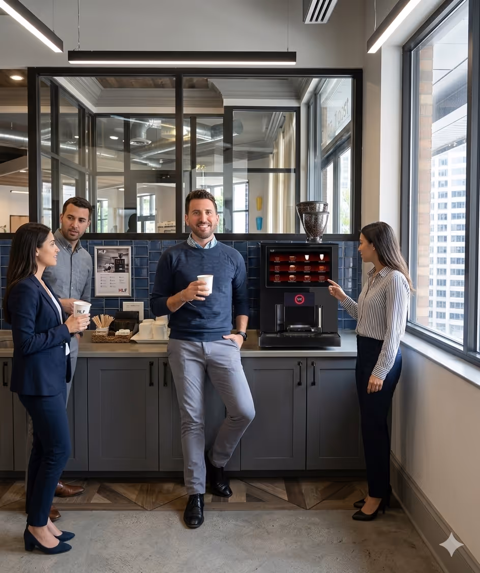 A group of office professionals collaborating in a modern corporate breakroom featuring a sleek, bean-to-cup espresso machine. This image represents the Reliant Coffee corporate program, designed to provide consistent, high-quality beverage solutions that scale across multiple floors and large-scale headquarters.