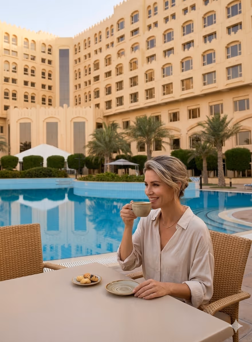 A guest enjoying a premium coffee experience at a luxury resort poolside terrace. This represents the Reliant Coffee HoReCa program, offering hotels, restaurants, and cafés full supply management, expert training, and reliable support to elevate the guest experience.