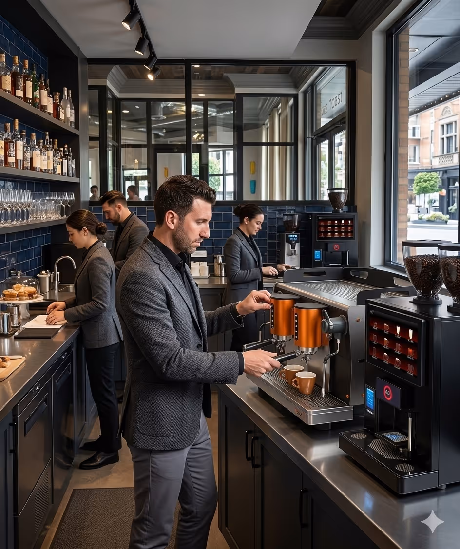 A professional barista team operating high-end espresso equipment in a luxury café or hotel setting. This represents the Reliant Coffee hospitality program, providing full equipment, supplies, and training to deliver exceptional taste and presentation for guests in restaurants and hotels.