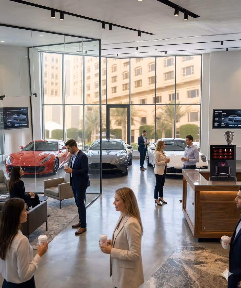 A high-end car dealership showroom featuring luxury vehicles and a professional coffee station. This image represents the Reliant Coffee managed program for automotive clients, designed to elevate the guest experience and improve staff satisfaction with premium espresso and specialty drink solutions.