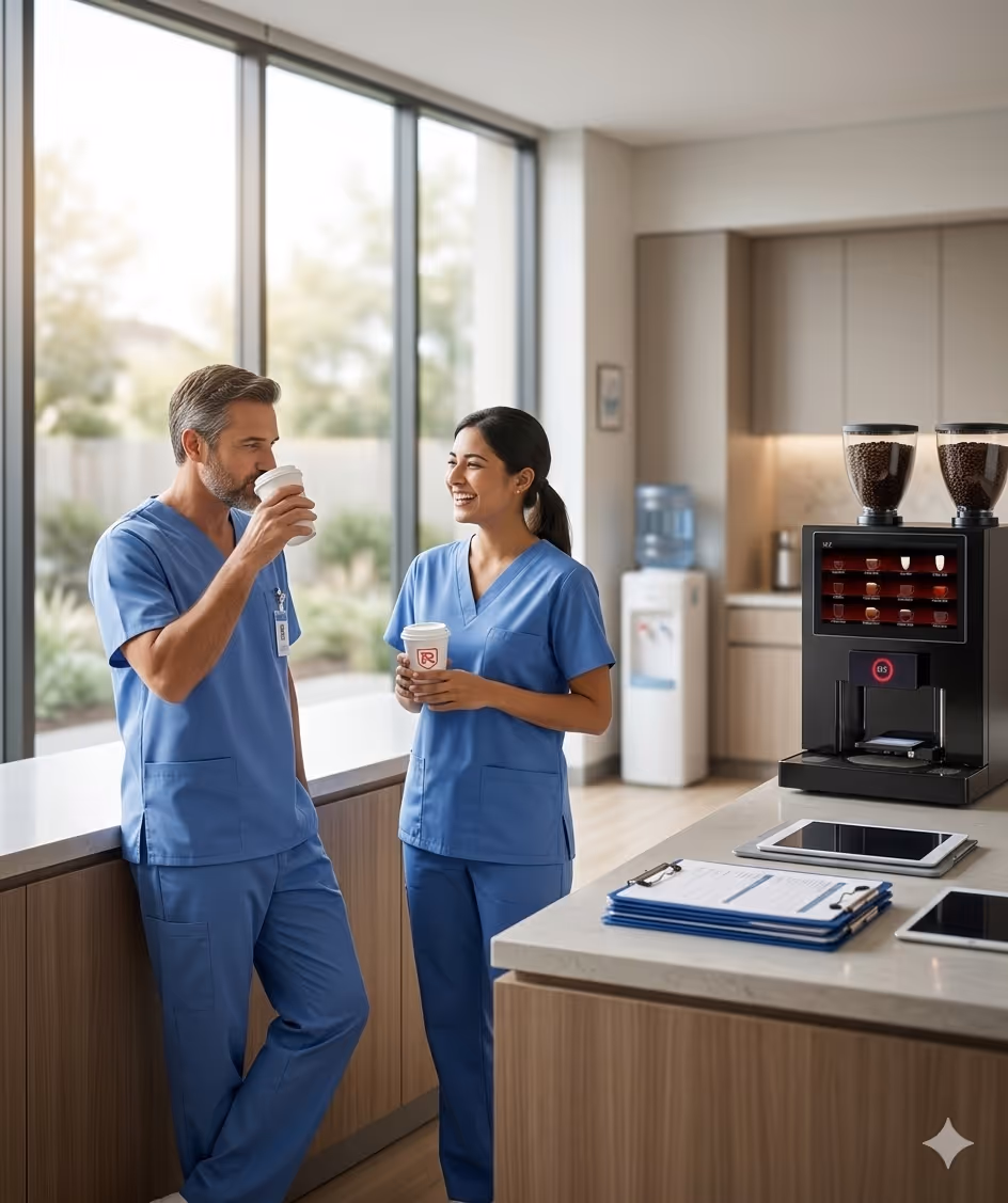 Description Two medical professionals in blue scrubs enjoying fresh coffee next to a professional bean-to-cup espresso machine in a modern hospital breakroom. This represents the Reliant Coffee healthcare program, designed to improve staff morale and visitor satisfaction in clinics, dental offices, and urgent care centers.