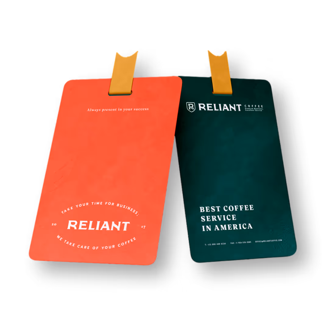 Red and green brand cards with gold clips on black background, featuring the slogan Best Coffee Service in America.