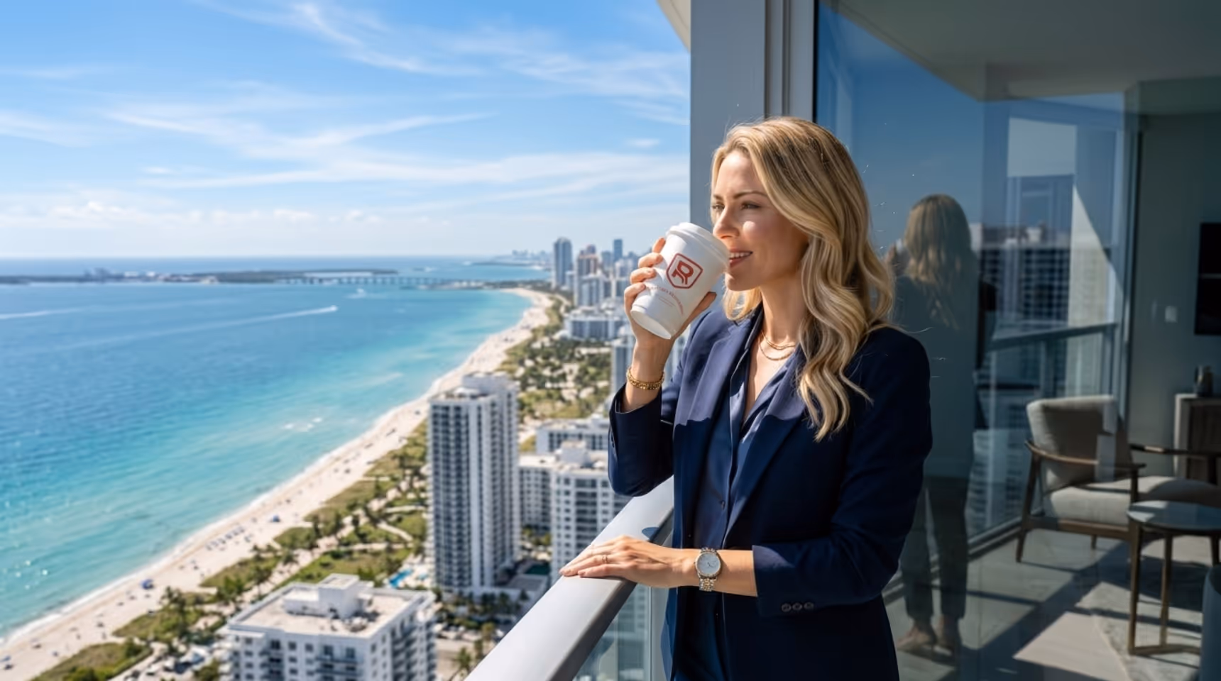 A professional woman in a navy blazer drinking from a Reliant Coffee cup on a high-rise balcony overlooking the Miami Beach coastline and turquoise ocean on a sunny day.