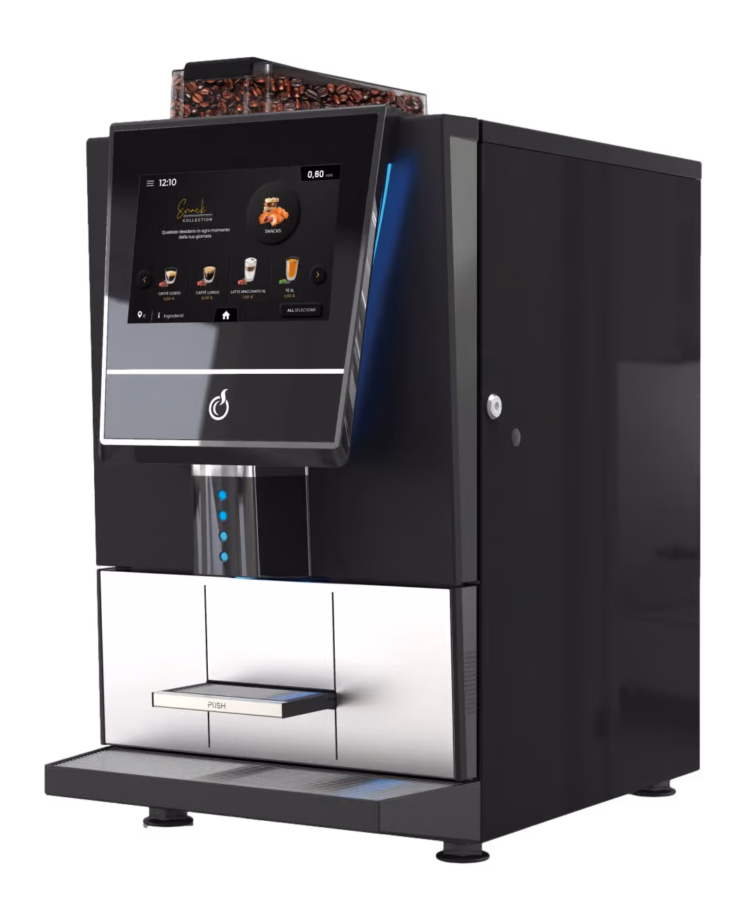 Modern black coffee machine with a touchscreen displaying drink options and a visible container of coffee beans on top.