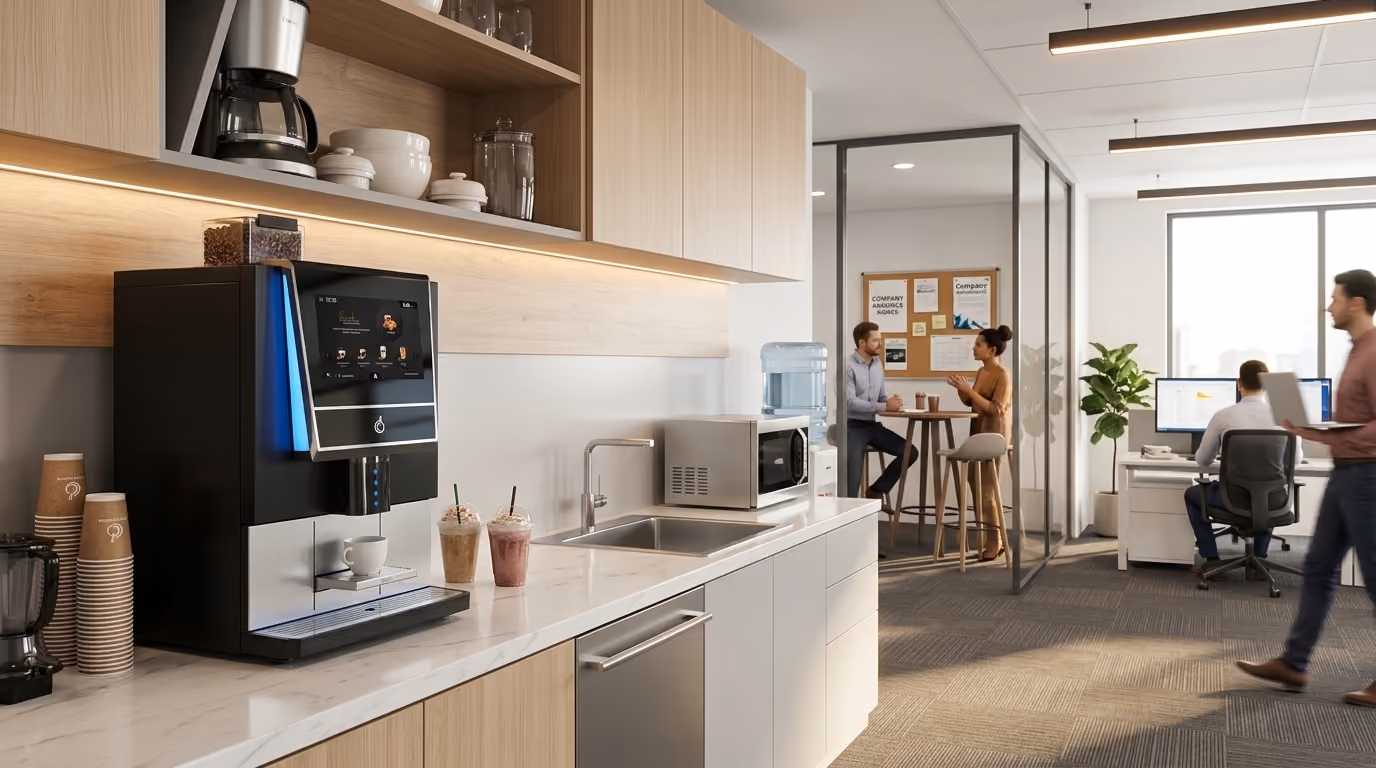 Modern office kitchen area with coffee machine, microwave, sink, and stacked cups on a marble countertop with light wood cabinetry; in the background, two people talk seated at a high table in a glass-enclosed meeting space, while others work at desks.
