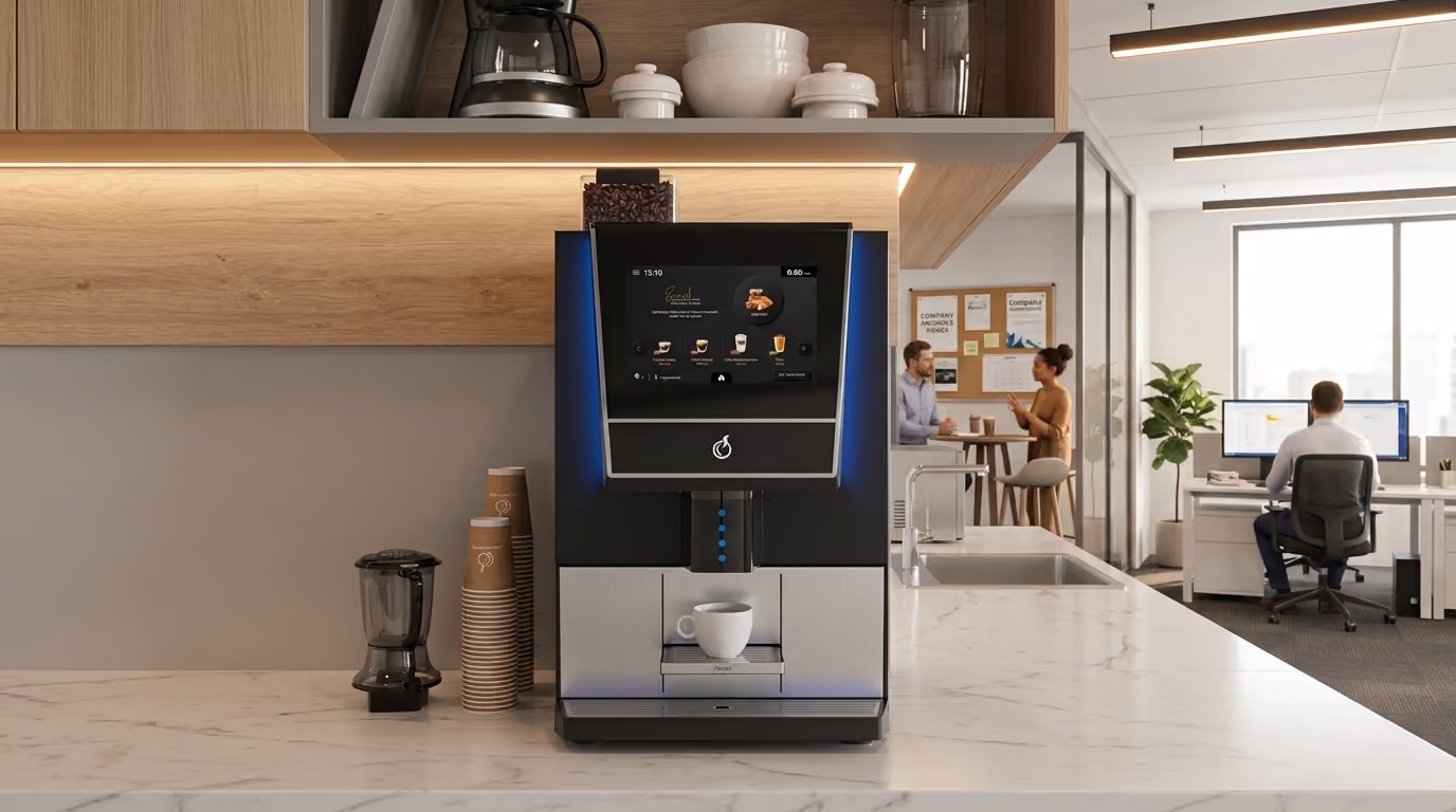 Modern coffee machine with digital touchscreen dispensing coffee into a white cup on a marble countertop in a bright, contemporary office kitchen with people conversing and a person working at a desk in the background.