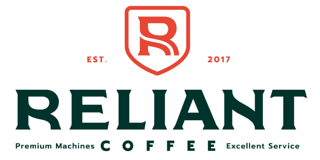 Reliant Coffee logo featuring a red shield with a stylized 'R' above the large text 'RELIANT' in dark green, with 'Est. 2017' flanking the shield and 'Premium Machines COFFEE Excellent Service' below.