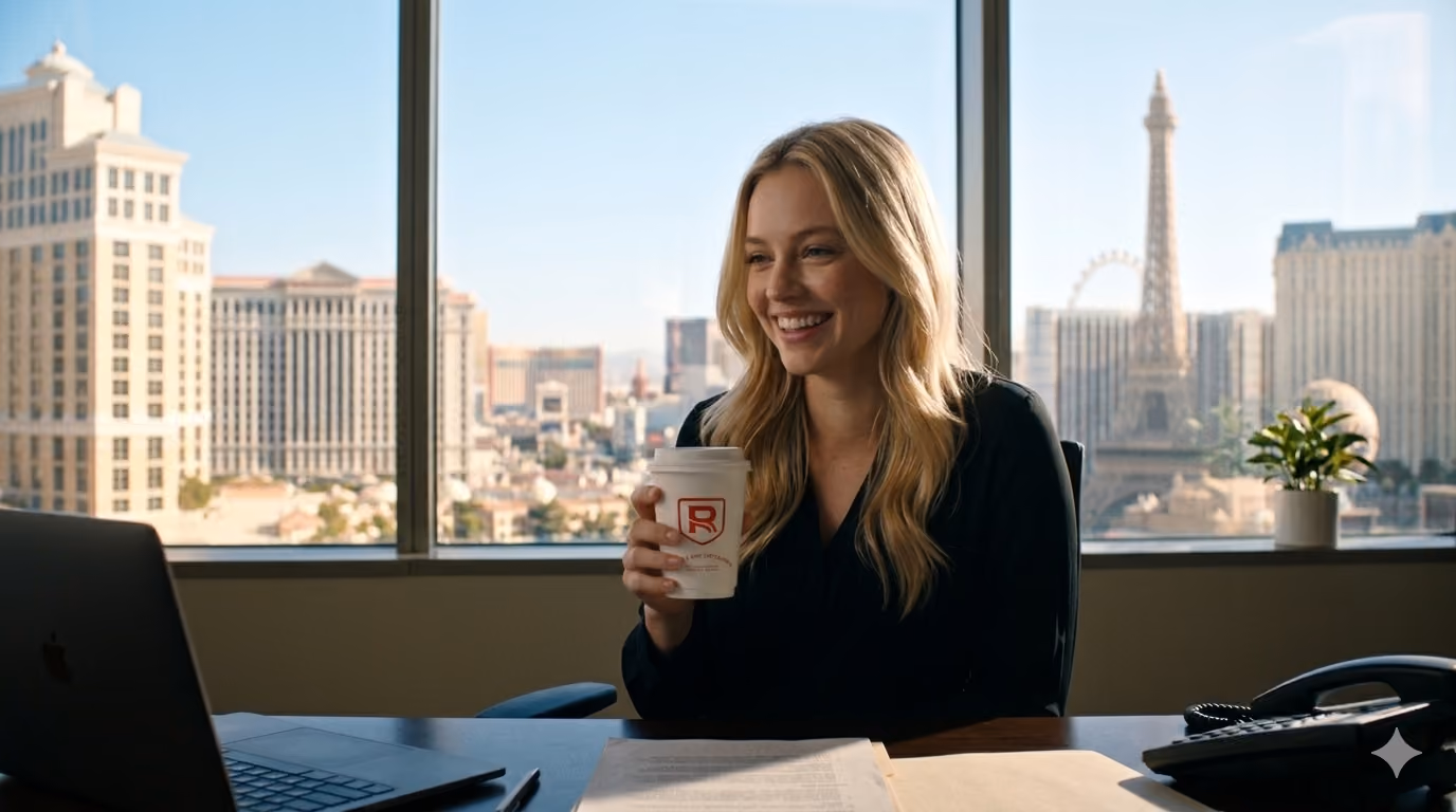 Woman with long blonde hair in a black shirt sitting at a desk with a laptop, holding a white coffee cup and smiling, with a city view featuring tall buildings and a replica of the Eiffel Tower visible through large windows behind her.