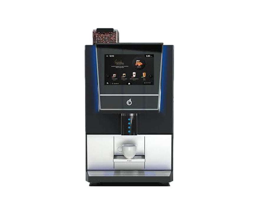 Front view of a sleek black and silver automatic coffee machine with a digital touchscreen display showing coffee options and a small white cup placed under the dispenser.