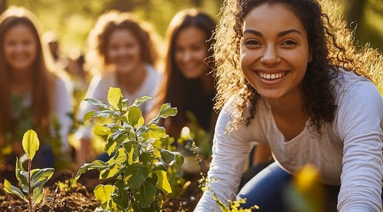 Smiling woman with curly hair in a white long-sleeved shirt kneeling beside young green plants in a garden or community planting area, with three other people blurred in the background in warm, golden lighting.