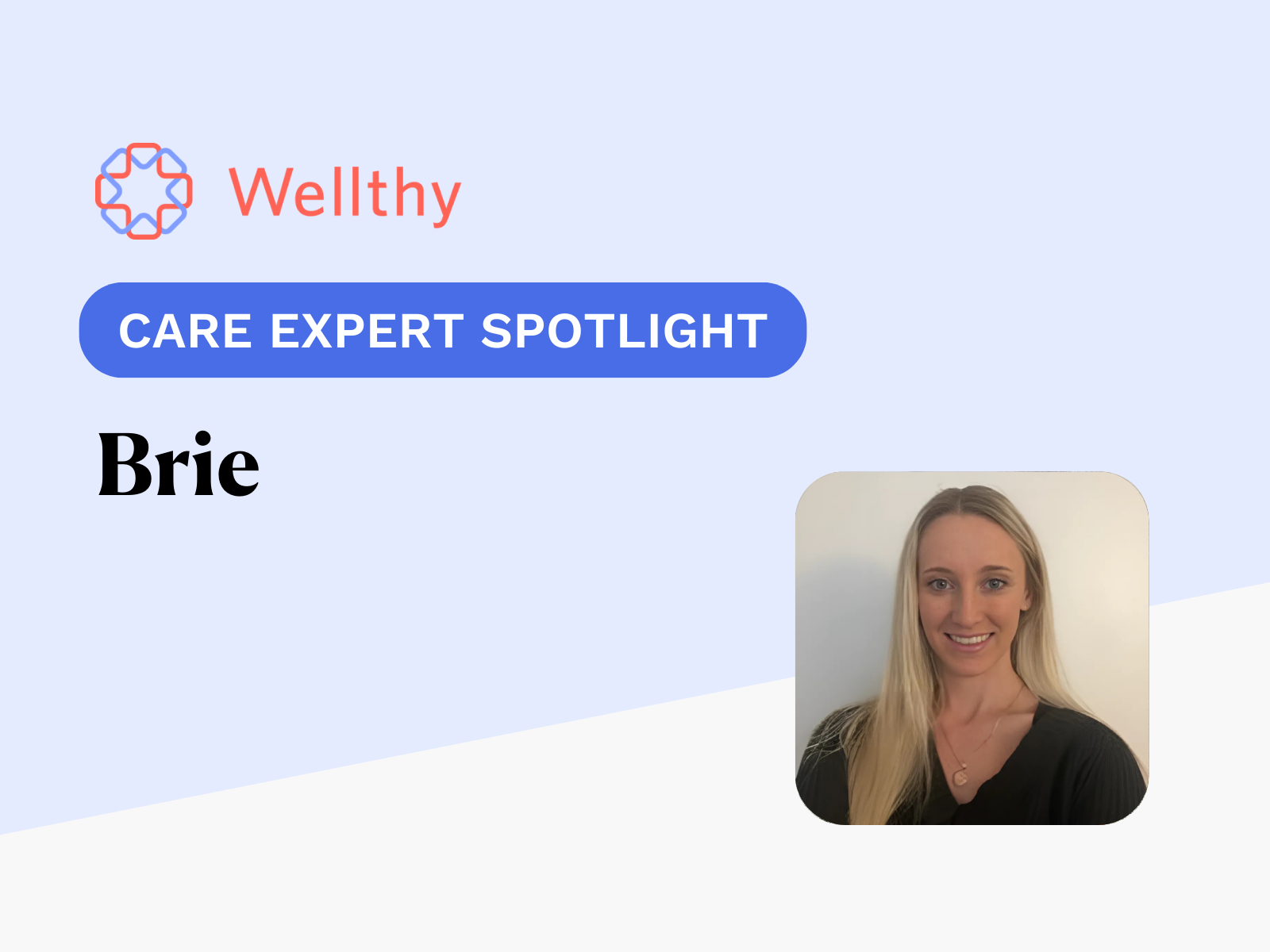 A headshot of Brie Havlin, Wellthy Care Coordinator, sits on a blue background with the text "Meet Brie."