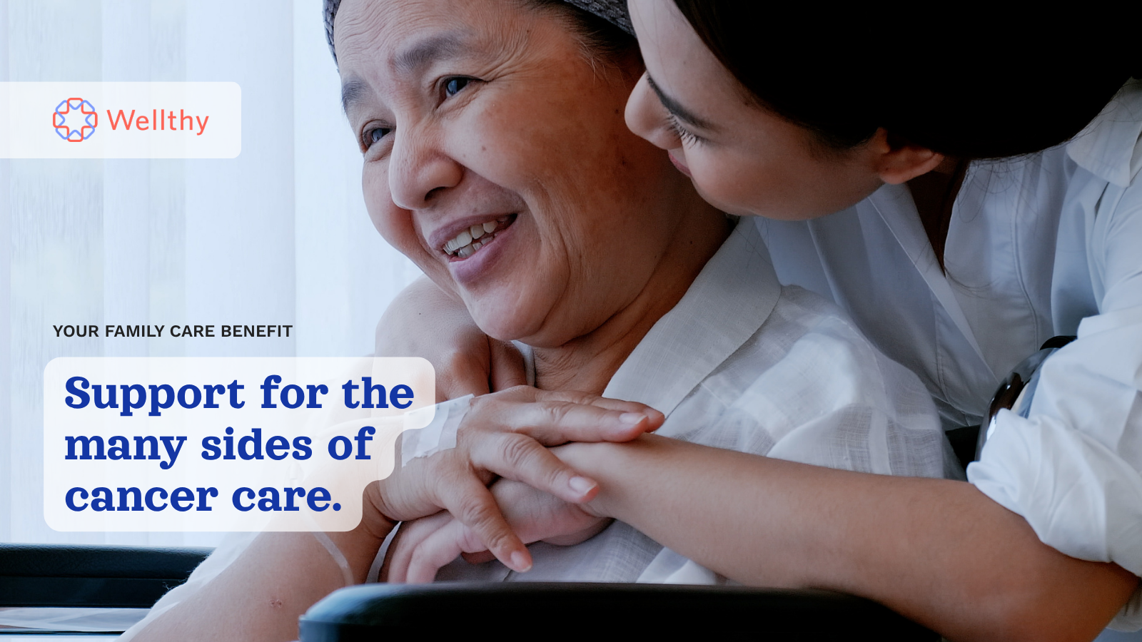 Promotional image for Wellthy featuring two loved ones embracing at home, with the message: “Your family care benefit: Support for the many sides of cancer care.”