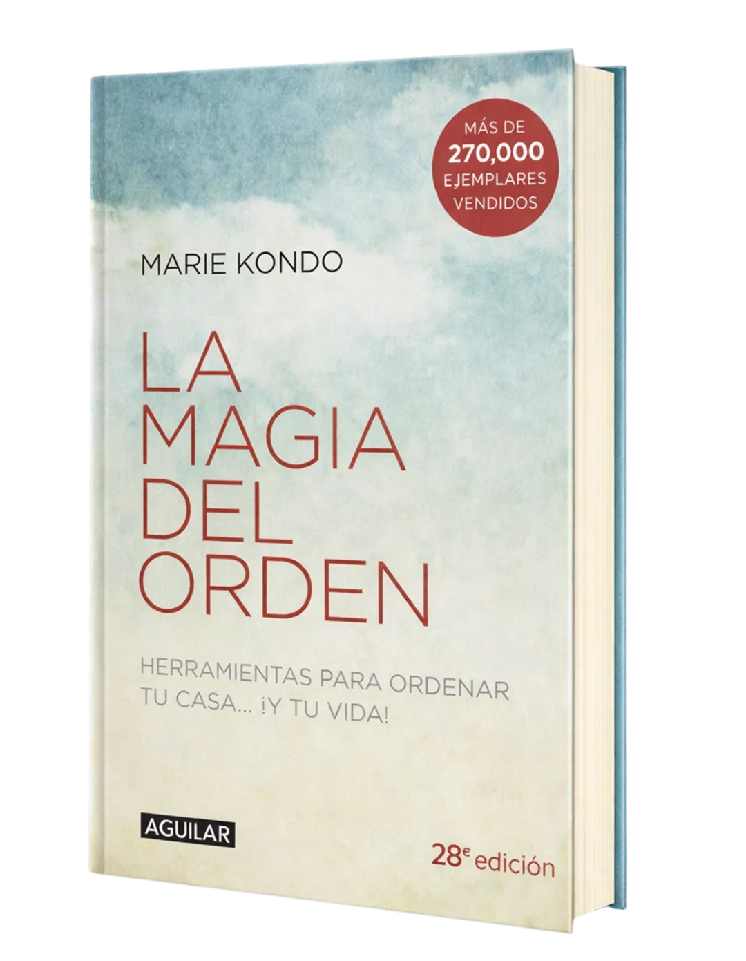 Book cover of 'La Magia del Orden' by Marie Kondo, featuring a soft blue and beige background with text highlighting over 270,000 copies sold and the 28th edition.