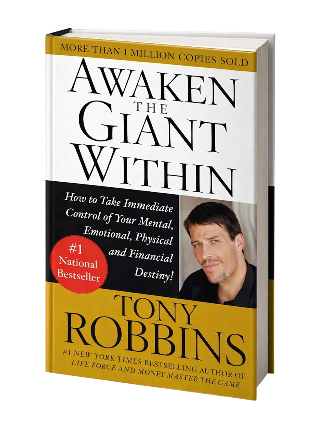 Book cover of 'Awaken the Giant Within' by Tony Robbins with a photo of the author and a red badge reading '#1 National Bestseller'.