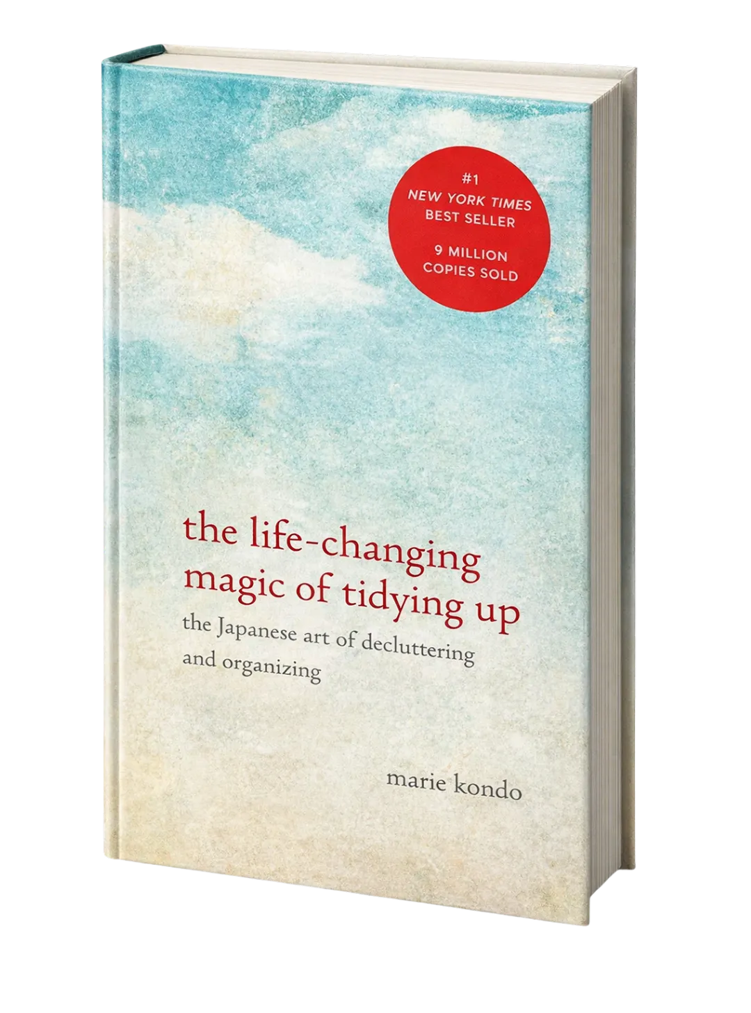 Book titled 'the life-changing magic of tidying up' by Marie Kondo with a blue sky and cloud background and a red circle stating '#1 New York Times Best Seller, 9 million copies sold.'