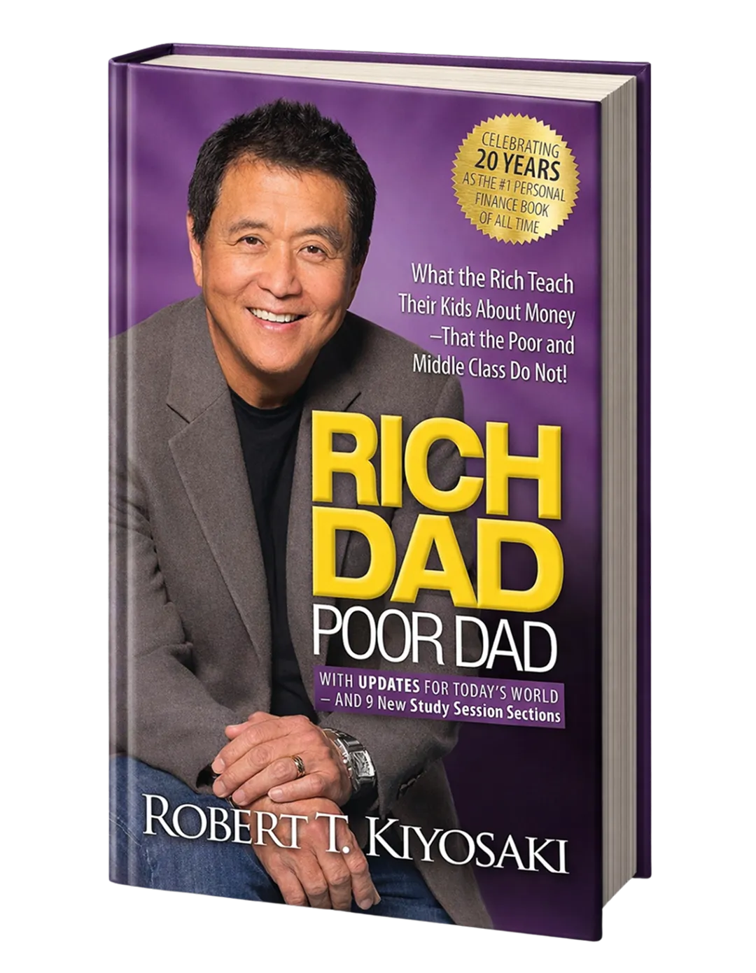 Book cover of Rich Dad Poor Dad by Robert T. Kiyosaki, featuring author smiling in a gray blazer with text about personal finance lessons.