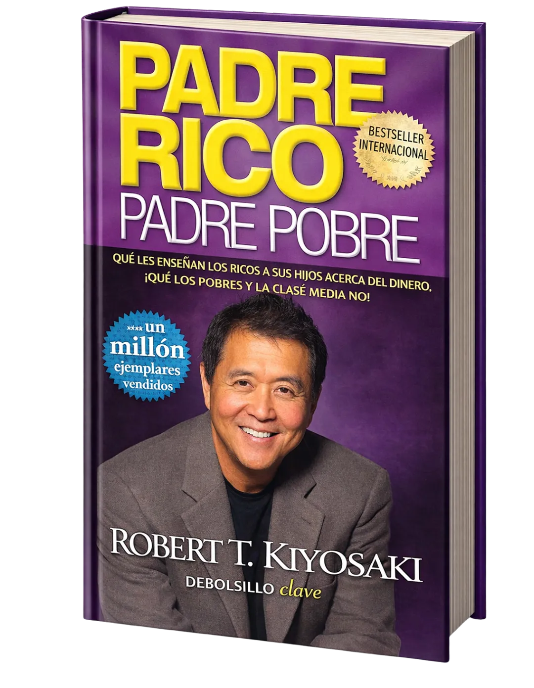 Book cover of 'Padre Rico Padre Pobre' by Robert T. Kiyosaki with a portrait of the author, purple background, and text highlighting one million copies sold and international bestseller status.