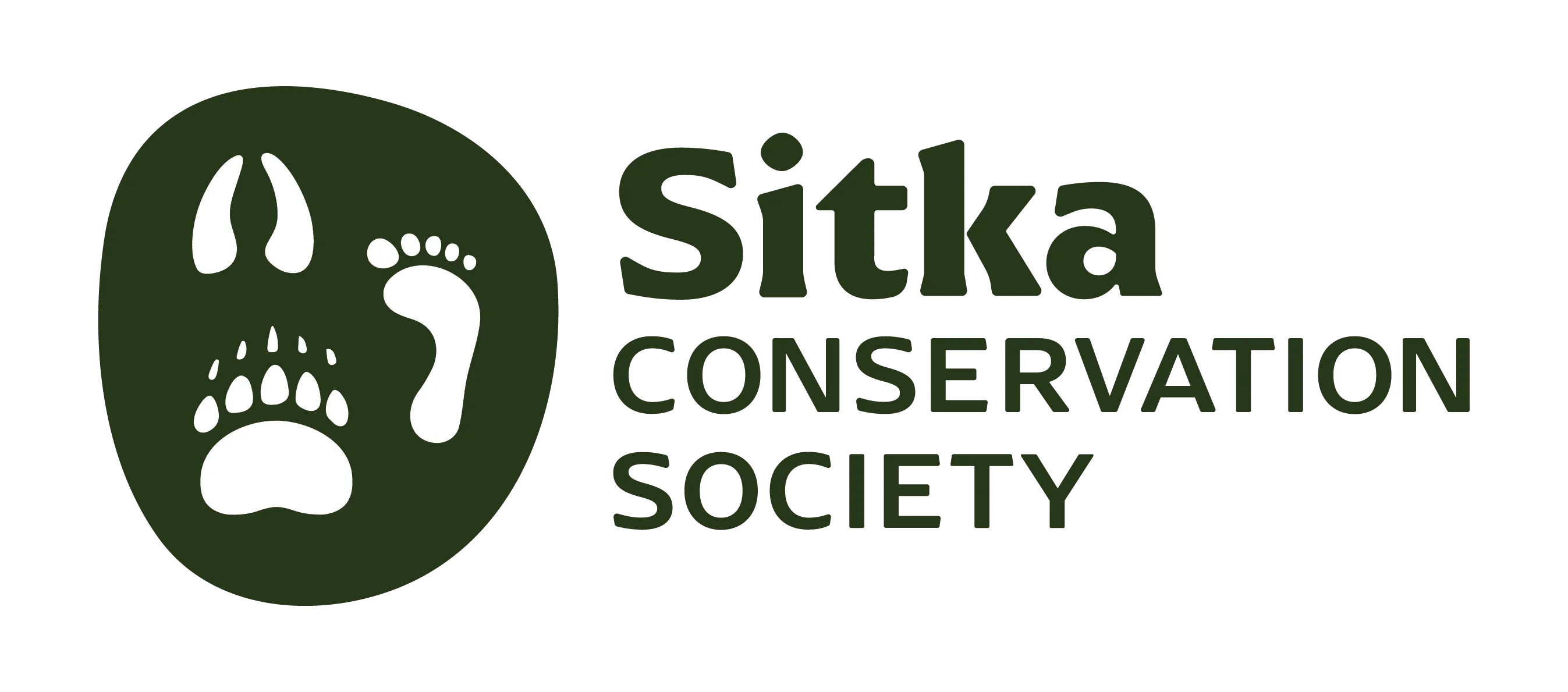 Sitka Conservation Society logo with animal footprints including a hoof, a bear paw, and a human footprint inside a rounded dark shape.
