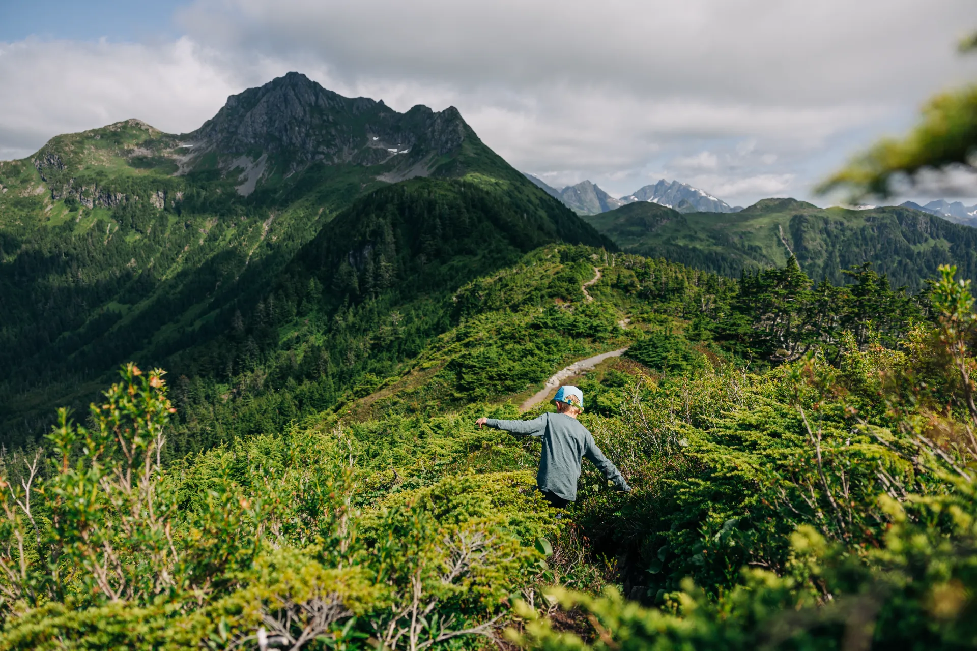 Child wearing a blue cap and gray shirt walking through green bushes on a mountain trail with rugged peaks in the background outside of Sitka, Alaska on Baranof Island.